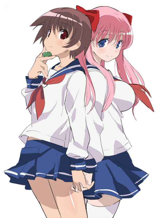 2girls back-to-back blouse blue_eyes blue_sailor_collar blue_skirt blush bow brown_eyes brown_hair closed_mouth commentary eyebrows_visible_through_hair hair_bow haramura_nodoka hibiglasses holding holding_hands interlocked_fingers kiyosumi_school_uniform long_hair looking_at_viewer mahjong mahjong_tile miniskirt miyanaga_saki multiple_girls neckerchief pink_hair pleated_skirt red_bow red_neckwear sailor_collar saki school_uniform serafuku short_hair simple_background single_horizontal_stripe skirt smile standing thigh-highs twintails white_background white_blouse white_legwear yuri