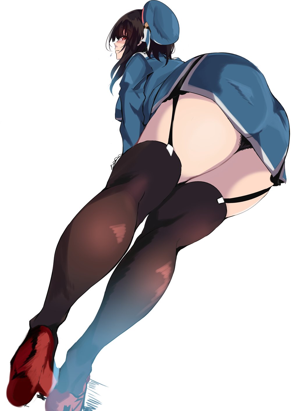 1girl ass beret black_hair black_panties blue_headwear blue_jacket blue_skirt blush breasts closed_mouth endou_(zettai_bluenoid) from_behind garter_straps hat highres jacket kantai_collection large_breasts leaning_forward looking_at_viewer looking_back panties pencil_skirt red_eyes red_footwear short_hair sidelocks simple_background skirt solo takao_(kancolle) thigh-highs underwear white_background