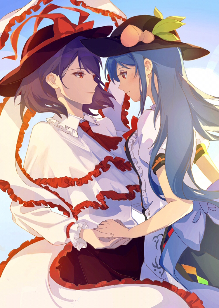 2girls ascot back_bow bangs black_headwear black_skirt blue_bow blue_hair bow bowtie breasts capelet center_frills closed_mouth cowboy_shot eye_contact eyebrows_behind_hair food frills from_side fruit hagoromo hat hat_bow hinanawi_tenshi light_rays light_smile long_hair looking_at_another medium_hair multiple_girls nagae_iku outdoors parted_lips peach profile puffy_short_sleeves puffy_sleeves purple_hair red_bow red_eyes red_neckwear red_skirt ringo_orihara shawl shirt short_sleeves sidelocks skirt small_breasts swept_bangs touhou very_long_hair white_capelet white_shirt yuri