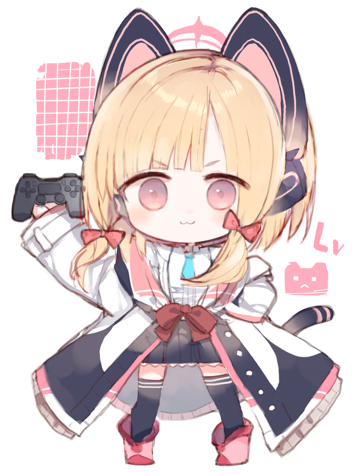 1girl :3 animal_ears bangs black_legwear black_skirt blonde_hair blue_archive blue_neckwear boots bow brown_eyes cat_ear_headphones cat_ears cat_tail chibi closed_mouth collared_shirt commentary_request controller dress_shirt eyebrows_visible_through_hair fake_animal_ears full_body game_controller hair_bow halo hand_up headphones holding jacket kotatu_(akaki01aoki00) looking_at_viewer momoi_(blue_archive) pink_footwear pleated_skirt red_bow shirt sidelocks skirt solo tail thigh-highs thighhighs_under_boots twintails v-shaped_eyebrows white_background white_jacket white_shirt