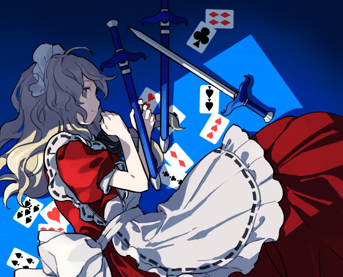 1girl ace_of_clubs ace_of_hearts ahoge apron blonde_hair blue_background card club_(shape) commentary diamond_(shape) dress frilled_apron frills hands_up heart holding holding_weapon kaigen_1025 long_dress long_hair looking_at_viewer lying maid_apron maid_headdress on_side playing_card profile puffy_short_sleeves puffy_sleeves red_dress ribbon-trimmed_apron ribbon_trim sash shadow sheath sheathed short_sleeves short_sword solo spade_(shape) sword touhou touhou_(pc-98) weapon white_sash yellow_eyes yumeko_(touhou)