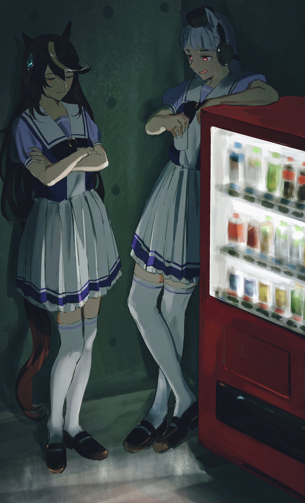 2girls animal_ears closed_eyes closed_mouth crossed_arms cup disposable_cup gold_ship_(umamusume) hair_between_eyes hataya highres holding holding_cup horse_ears horse_girl horse_tail long_hair multiple_girls open_mouth red_eyes school_uniform smile soft_drink standing symboli_rudolf_(umamusume) tail tracen_school_uniform umamusume vending_machine