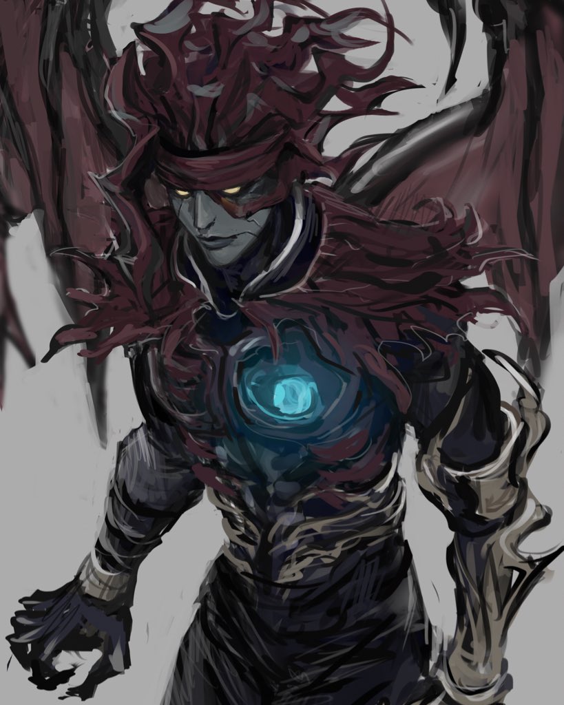 1boy armor chest_jewel clawed_gauntlets claws demon demon_wings final_fantasy final_fantasy_vii glowing glowing_eyes grey_background looking_ahead materia pale_skin rapio scar scar_on_face torn_clothes vincent_valentine wings yellow_eyes