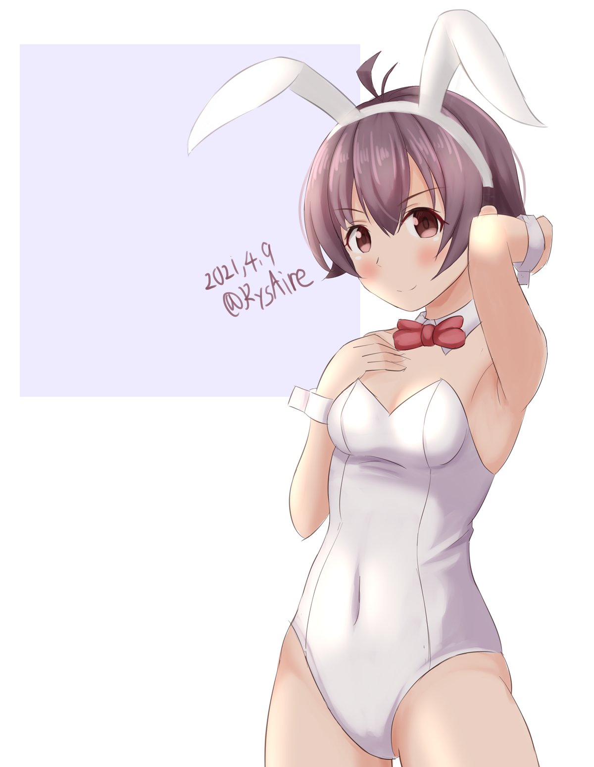 1girl ame-san animal_ears bow bowtie commentary_request cowboy_shot dated detached_collar highres kantai_collection leotard playboy_bunny purple_hair rabbit_ears red_neckwear sakawa_(kancolle) short_hair solo strapless strapless_leotard twitter_username violet_eyes white_background white_leotard wrist_cuffs