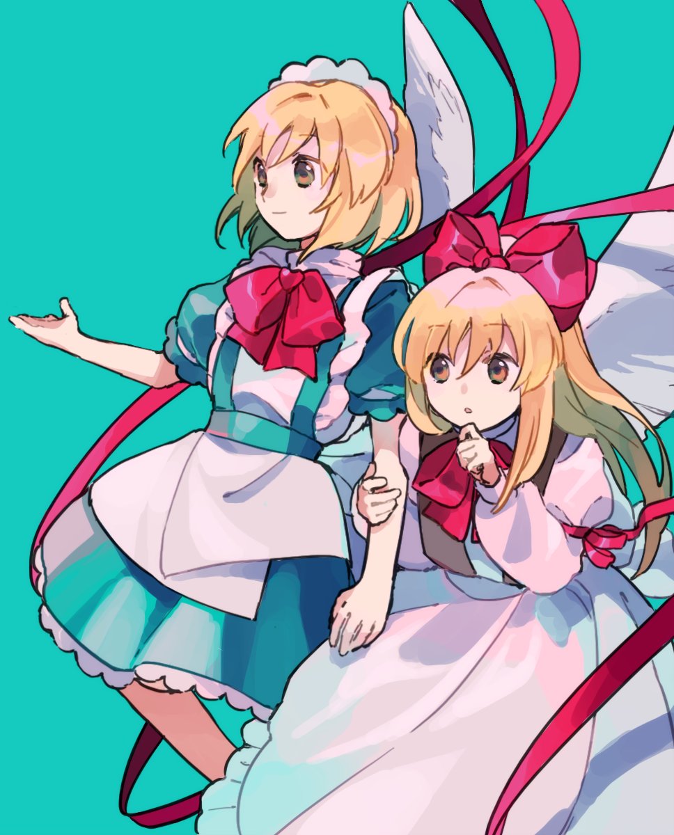 2girls apron aqua_background arm_at_side arm_ribbon bangs blonde_hair blue_dress bow bowtie brown_eyes closed_mouth commentary dress feathered_wings frilled_apron frills gengetsu_(touhou) hair_bow hand_on_own_chin hands_up highres holding_another's_arm juliet_sleeves kaigen_1025 long_hair long_sleeves maid_headdress mugetsu_(touhou) multiple_girls open_mouth puffy_short_sleeves puffy_sleeves red_bow red_ribbon ribbon short_hair short_sleeves sidelocks smile touhou touhou_(pc-98) white_dress white_wings wings