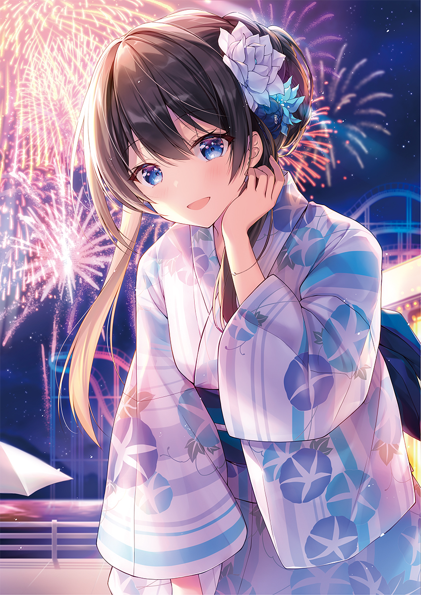 1girl bangs black_hair blue_eyes blue_flower cowboy_shot dengeki_bunko fireworks flower hair_between_eyes hair_bun hair_flower hair_ornament highres japanese_clothes kagachi_saku kimono looking_at_viewer night night_sky obi open_clothes outdoors sash sidelocks sky solo star_(sky) starry_sky tonari_no_quderella_wo_amayakashitara_uchi_no_aikagi_wo_watasu_koto_ni_natta white_flower white_kimono wide_sleeves yui_elijah_villiers yukata