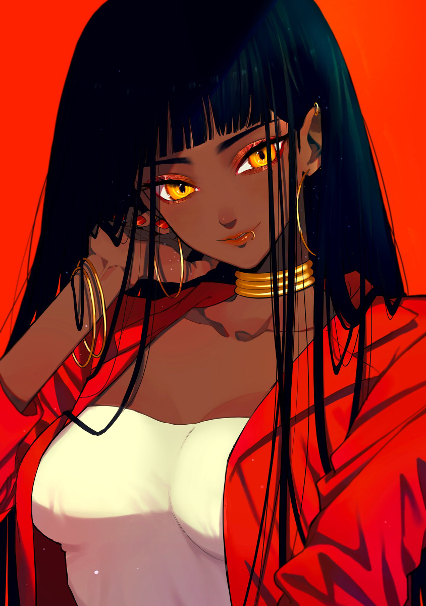 1girl black_hair breasts dark_skin earrings eyeshadow gold_earrings gold_necklace highres jacket jewelry lip_piercing lips long_hair makeup medium_breasts nail_polish orange_eyeshadow original piercing red_background red_jacket red_lips red_nails tank_top urkt_10 white_tank_top yellow_eyes