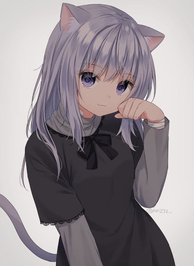 1girl :3 @_@ animal_ear_fluff animal_ears anz32 bandaged_arm bandages bangs black_bow black_dress bow cat_ears cat_girl cat_tail cowboy_shot dress dress_bow eyebrows_visible_through_hair lace-trimmed_sleeves lace_trim long_hair looking_at_viewer original paw_pose purple_hair simple_background solo tail twitter_username violet_eyes white_background