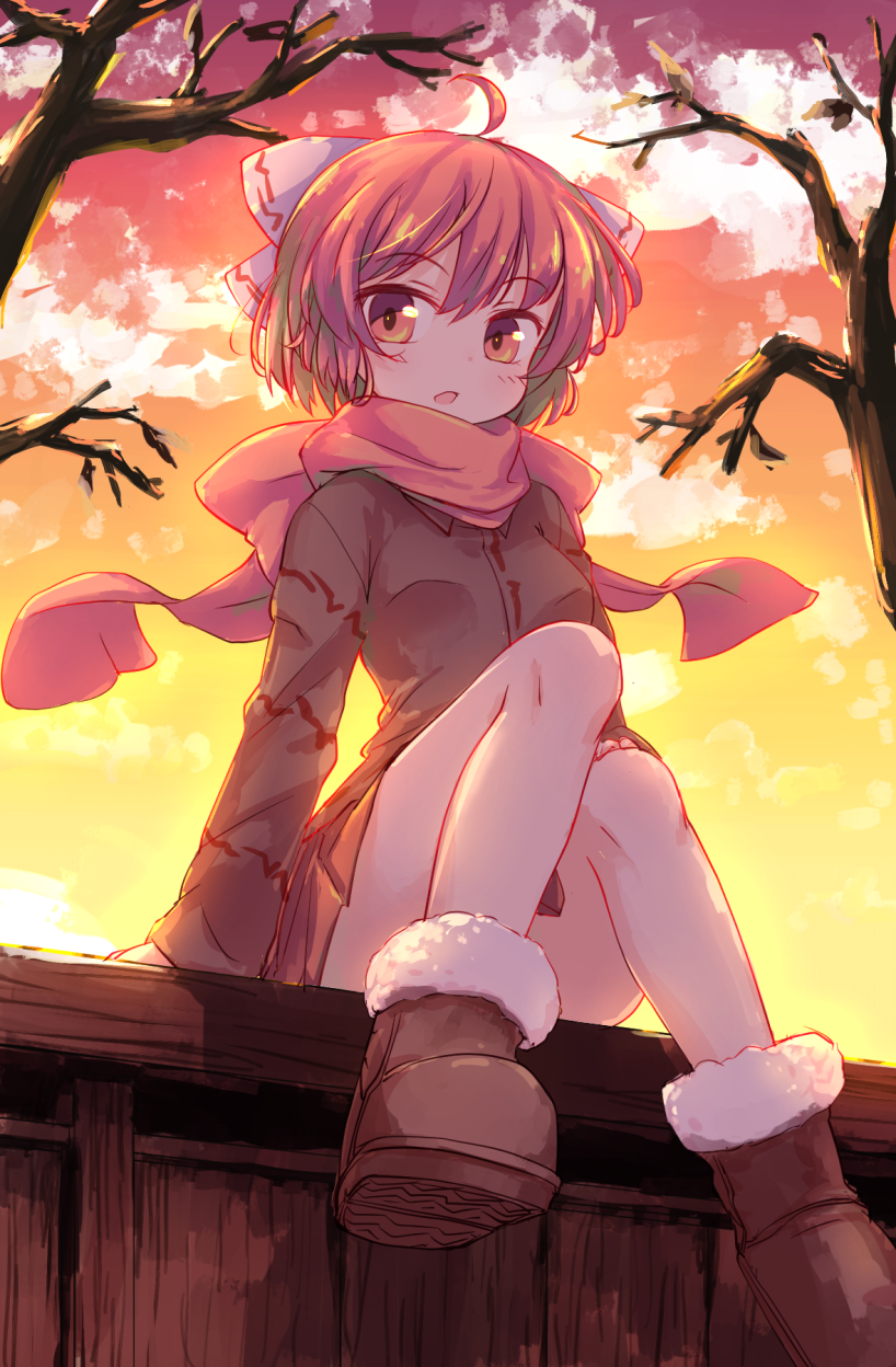 1girl ahoge bare_tree black_shirt boots bow brown_footwear commentary_request fence full_body hair_bow highres isu_(is88) looking_at_viewer open_mouth outdoors pleated_skirt red_eyes red_scarf red_skirt redhead scarf sekibanki shirt sitting skirt solo touhou tree twilight