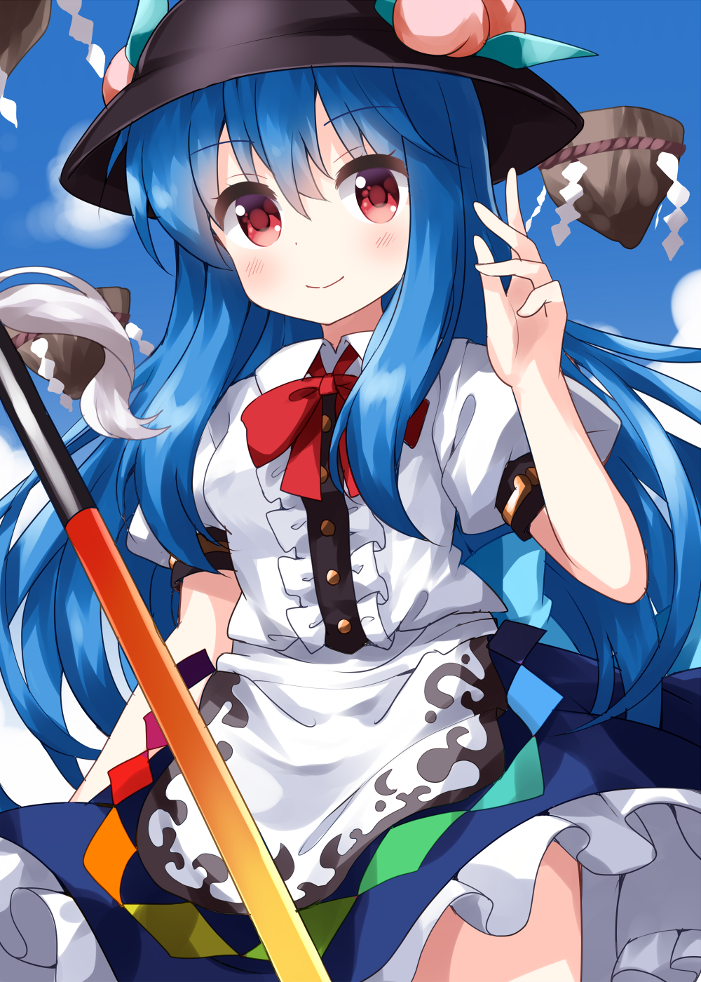 1girl bangs black_headwear blue_hair blue_skirt bow breasts center_frills clouds commentary_request cowboy_shot day eyebrows_visible_through_hair floating_island food frills fruit hair_between_eyes hand_up hat highres hinanawi_tenshi long_hair looking_at_viewer outdoors peach petticoat puffy_short_sleeves puffy_sleeves red_bow red_eyes red_neckwear ruu_(tksymkw) shirt short_sleeves skirt sky small_breasts solo sword_of_hisou touhou very_long_hair white_shirt wind wind_lift