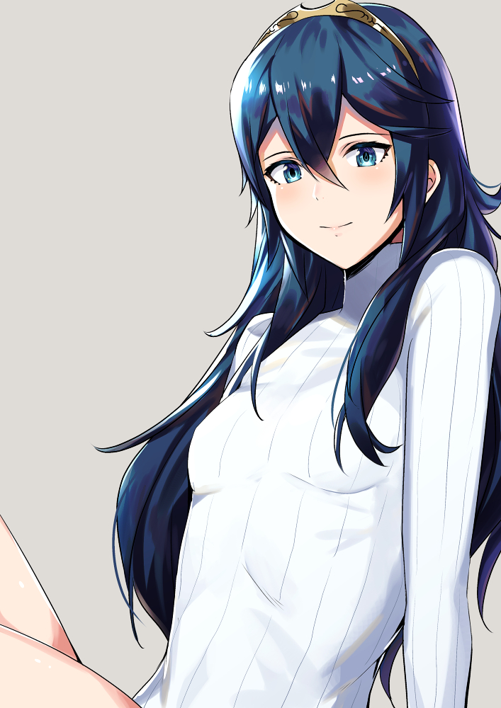 1girl alternate_costume ameno_(a_meno0) blue_eyes blue_hair breasts fire_emblem fire_emblem_awakening grey_background hair_between_eyes long_hair long_sleeves looking_at_viewer lucina_(fire_emblem) small_breasts smile solo sweater symbol-shaped_pupils tiara upper_body white_sweater