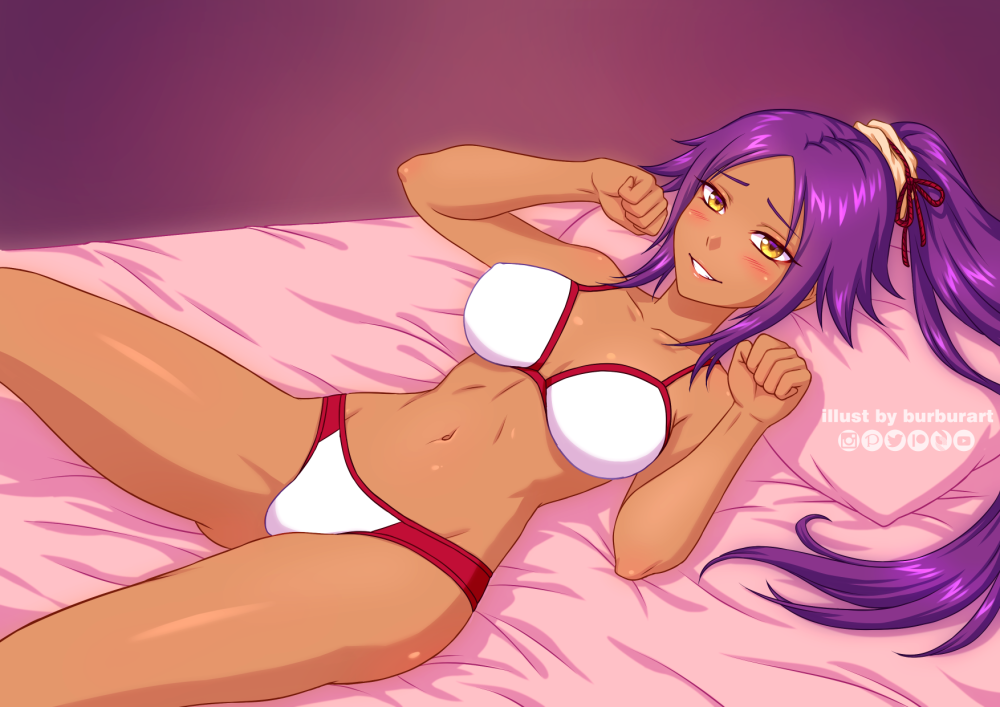 1girl bleach bra breasts burbur collarbone commentary dark_skin dark-skinned_female english_commentary large_breasts long_hair looking_at_viewer lying mixed-language_commentary navel on_back on_bed panties parted_lips paw_pose pillow ponytail purple_hair shihouin_yoruichi smile solo underwear underwear_only white_bra white_panties yellow_eyes