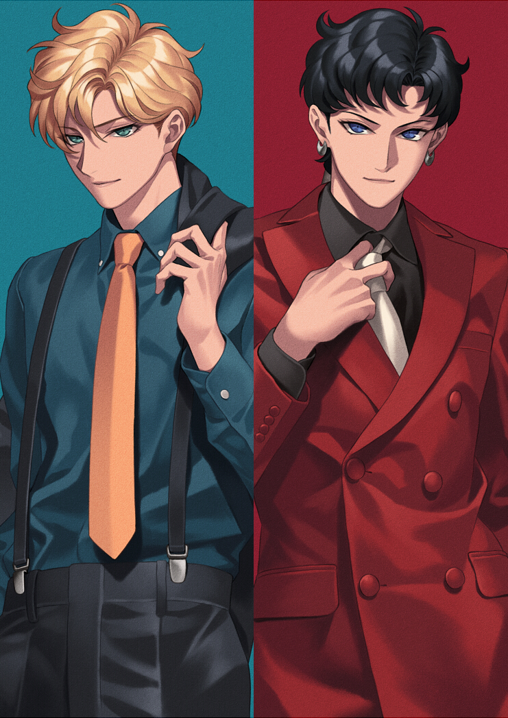 2girls adjusting_clothes adjusting_necktie androgynous bad_id bad_pixiv_id bangs bishoujo_senshi_sailor_moon black_hair black_jacket black_pants black_shirt blonde_hair blue_background blue_eyes blue_shirt closed_mouth collared_shirt cowboy_shot formal green_eyes grey_neckwear hand_up jacket jacket_on_shoulders long_sleeves looking_at_viewer looking_to_the_side multiple_girls necktie orange_neckwear pants red_background red_jacket red_suit reverse_trap seiya_kou shirt short_hair smile sora_yoshitake_yuda suit suspenders ten'ou_haruka