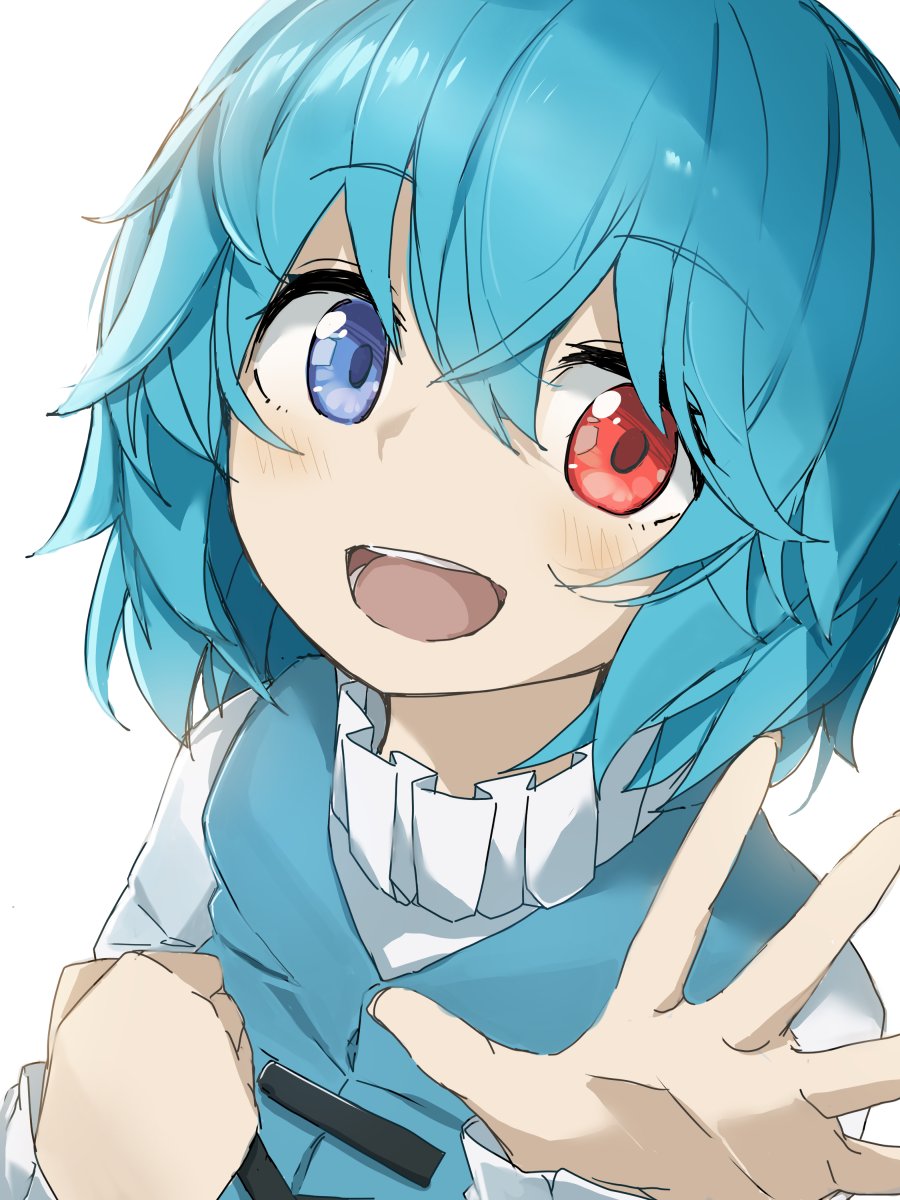 1girl :d bangs blue_eyes blue_hair blue_vest cross-laced_clothes eyebrows_visible_through_hair hair_between_eyes heterochromia highres long_sleeves looking_at_viewer open_mouth puffy_sleeves red_eyes shirt simple_background smile solo tatara_kogasa touhou tyouseki upper_body vest white_background white_shirt