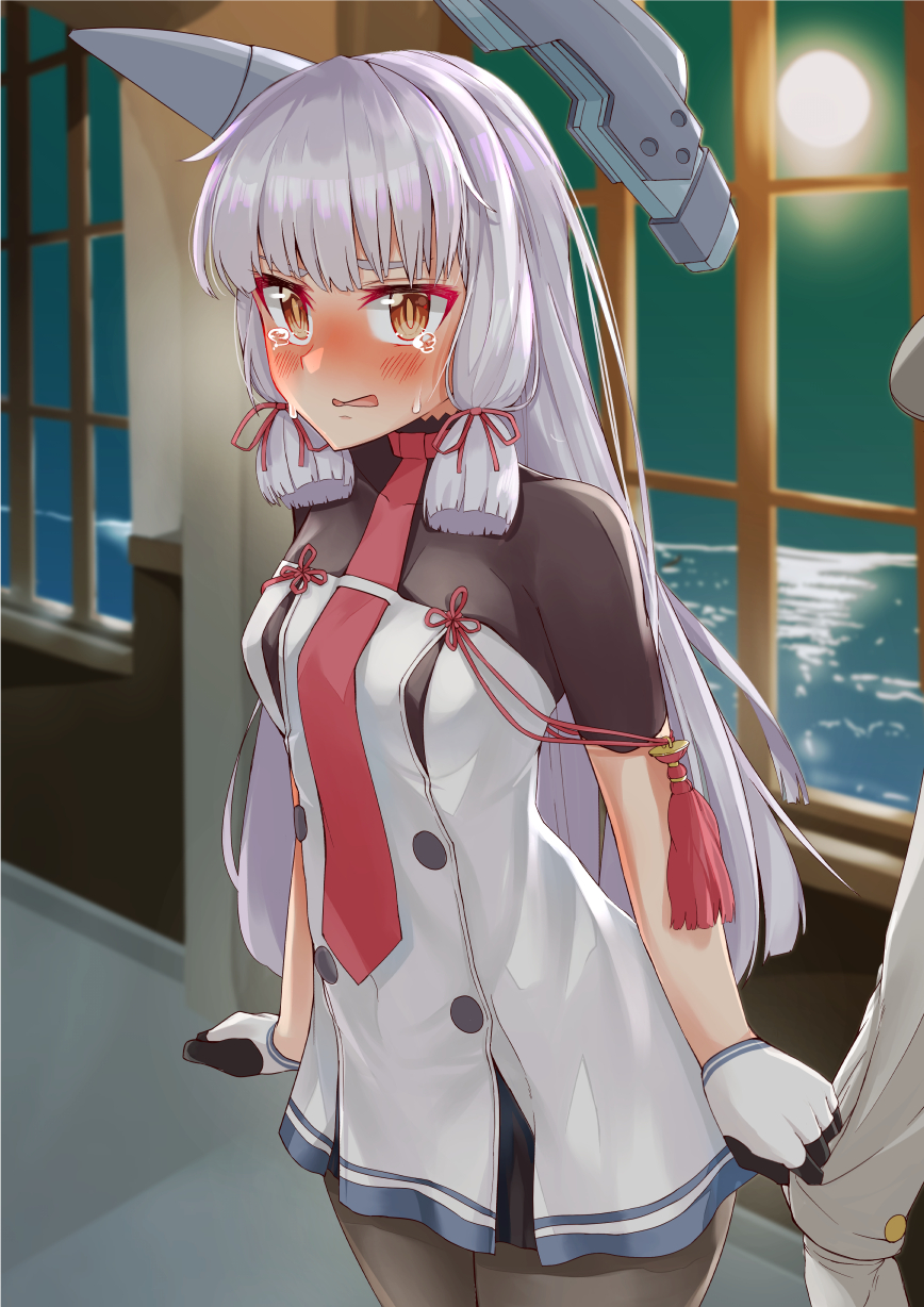 1boy 1girl admiral_(kancolle) arm_grab bangs blunt_bangs blush brown_eyes chausson crying crying_with_eyes_open dress full-face_blush full_moon gloves hair_ribbon headgear highres kantai_collection long_hair looking_at_viewer moon multicolored multicolored_clothes multicolored_gloves murakumo_(kancolle) necktie ocean pantyhose red_neckwear remodel_(kantai_collection) ribbon sidelocks silver_hair solo_focus tears tress_ribbon window