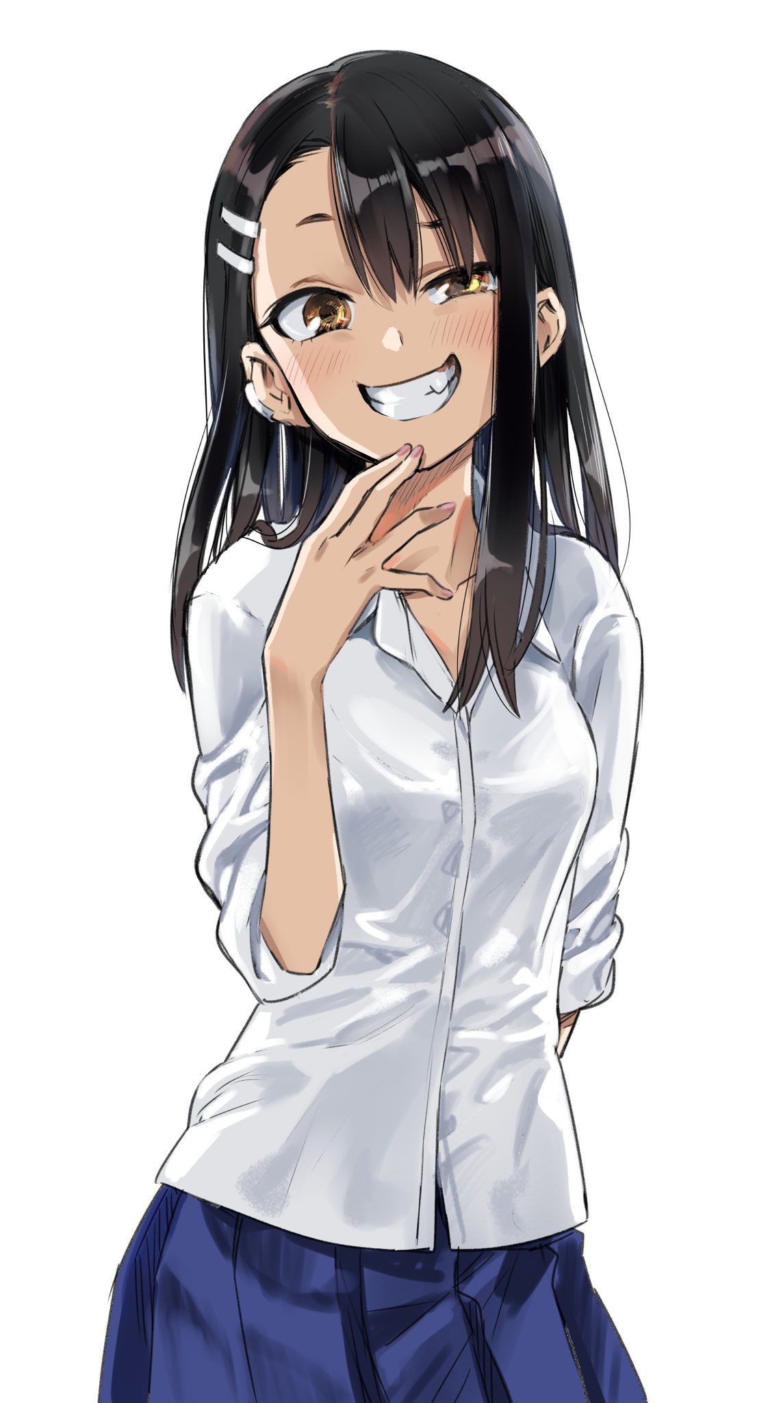 1girl 774_(nanashi) arm_behind_back asymmetrical_bangs bangs black_hair blue_skirt blush breasts brown_eyes commentary_request dark_skin dark-skinned_female ear_clip fang fingernails grin hair_ornament hairclip highres ijiranaide_nagatoro-san medium_hair nagatoro_hayase raised_eyebrow school_uniform shirt skirt sleeves_pushed_up small_breasts smile solo standing straight_hair white_background white_shirt