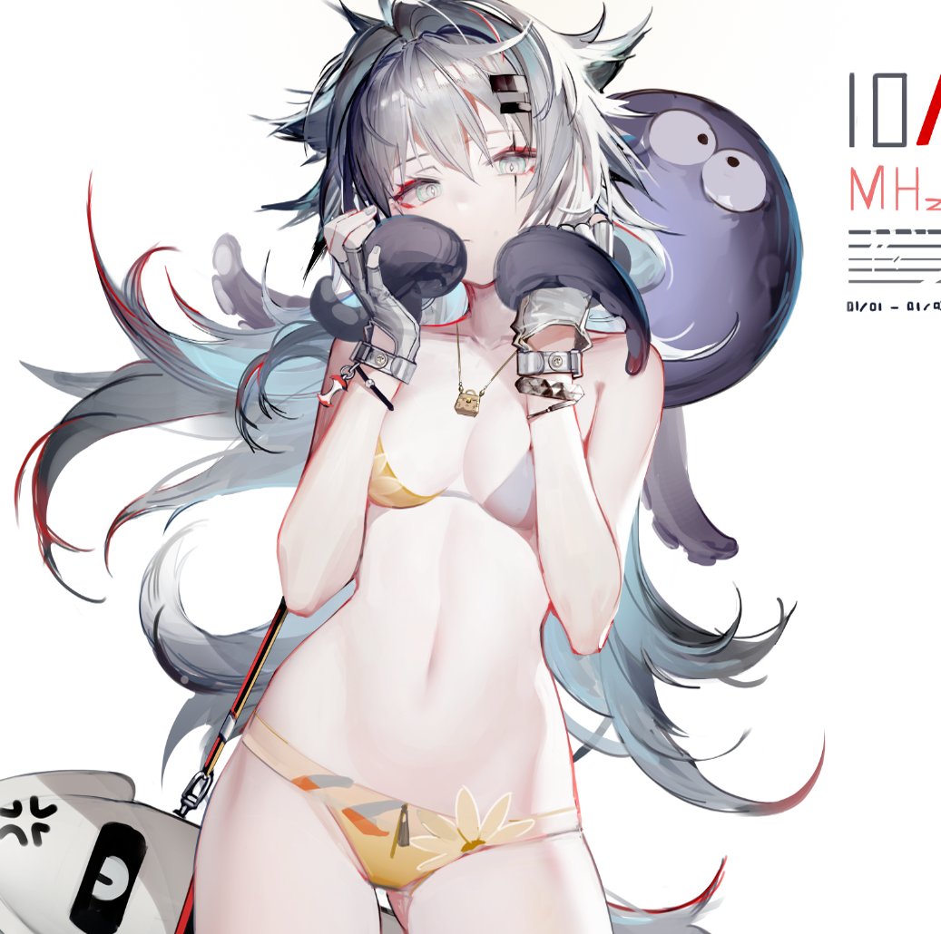 1girl animal_ears arknights bangs bare_shoulders bikini bracelet breasts collarbone cowboy_shot eyebrows_visible_through_hair fingerless_gloves gloves grey_eyes grey_gloves hair_between_eyes hair_ornament hairclip jewelry keychain lappland_(arknights) liduke long_hair looking_at_viewer medium_breasts necklace octopus scar scar_across_eye silver_hair simple_background solo stomach strap swimsuit tentacles white_background wolf_ears