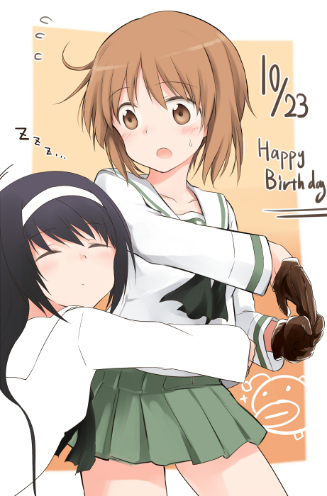 anglerfish bangs black_gloves black_hair black_neckwear blouse blush brown_eyes brown_hair closed_eyes closed_mouth commentary_request dated emblem english_text flying_sweatdrops frown girls_und_panzer gloves green_skirt hairband happy_birthday hug long_hair long_sleeves looking_at_another looking_back miniskirt motion_lines neckerchief nishizumi_miho ooarai_school_uniform open_mouth partial_commentary pleated_skirt reizei_mako sailor_collar school_uniform serafuku short_hair skirt sleeping sleeping_upright standing sweatdrop tsuchii_(ramakifrau) white_blouse white_hairband white_sailor_collar zzz