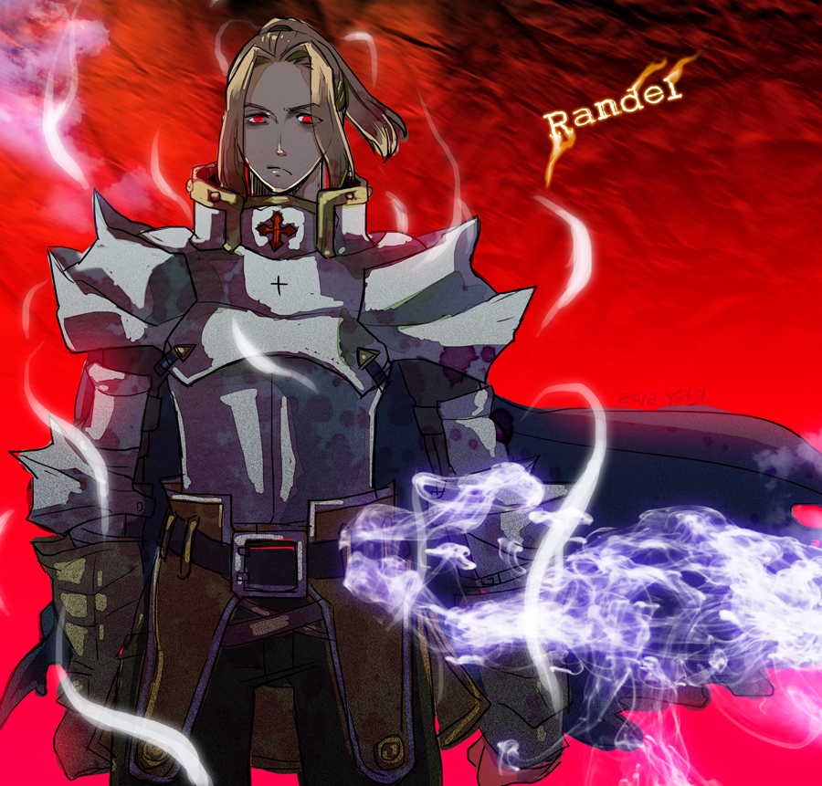 1boy armor aura belt bio_lab black_belt blood bloody_clothes blue_cape breastplate brown_hair cape character_name closed_mouth commentary_request cowboy_shot cross dated eyes_visible_through_hair gauntlets hair_intakes high_ponytail leg_armor looking_at_viewer male_focus medium_hair paladin_(ragnarok_online) pauldrons ragnarok_online randel_lawrence red_background red_eyes reload9_yohji shoulder_armor signature solo