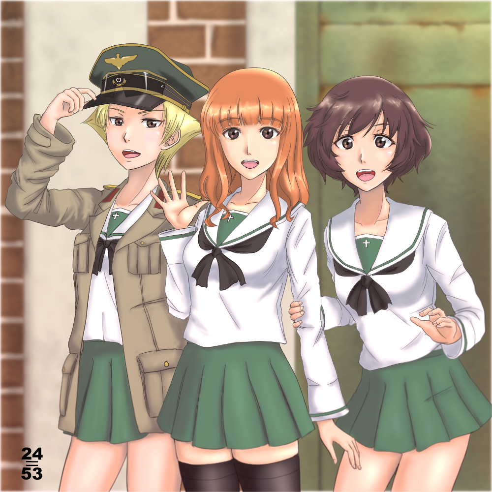 3girls adjusting_clothes adjusting_headwear akiyama_yukari arm_grab artist_name bangs black_neckwear blonde_hair blouse blunt_bangs blurry blurry_background brick_wall brown_eyes brown_hair brown_jacket commentary erwin_(girls_und_panzer) eyebrows_visible_through_hair girls_und_panzer goggles goggles_on_headwear green_headwear green_skirt hat jacket long_hair long_sleeves looking_at_viewer messy_hair military_hat military_jacket miniskirt multiple_girls neckerchief nishi_itsumi ooarai_school_uniform open_clothes open_jacket open_mouth orange_eyes orange_hair peaked_cap pleated_skirt pointy_hair sailor_collar school_uniform serafuku short_hair skirt smile standing takebe_saori thigh-highs waving white_blouse white_sailor_collar