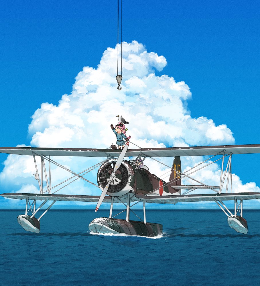 1girl animal annin_musou bird blue_skirt braid brown_gloves clouds cloudy_sky day fairy_(kancolle) gloves kantai_collection long_hair long_sleeves ocean open_mouth pink_hair pleated_skirt seaplane single_braid skirt sky solo
