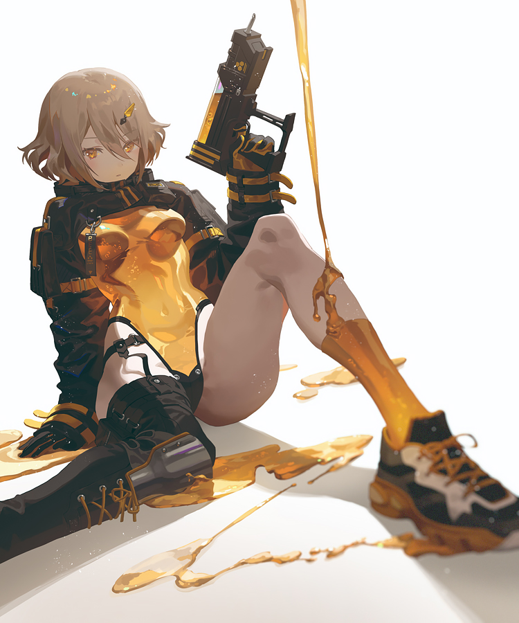 1girl bangs breasts character_request copyright_request covered_navel fajyobore gloves gun hair_between_eyes hair_ornament hairclip holding holding_gun holding_weapon liquid looking_at_viewer shoes sneakers solo weapon yellow_eyes