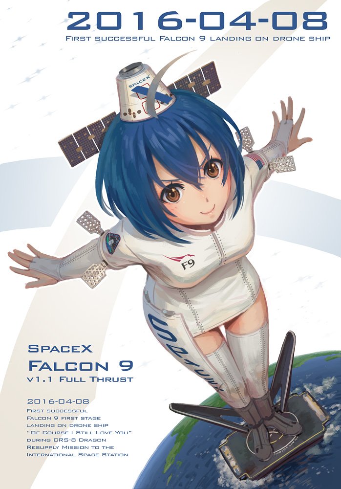 &gt;:) 1girl american_flag background_text badge bangs blue_hair boots breasts bridal_gauntlets brown_eyes character_name closed_mouth clothes_writing commentary dated dress earth_(planet) english_commentary english_text from_above giant giantess grid_fins hair_between_eyes headgear looking_at_viewer medium_breasts original outstretched_arms personification pinakes planet short_hair smile solar_panel solo spacex spacex_falcon_9 standing thigh-highs thigh_gap v-shaped_eyebrows white_dress white_legwear