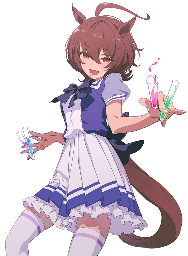 1girl agnes_tachyon_(umamusume) ahoge akiyoshi_haru animal_ears between_fingers bow brown_eyes brown_hair horse_ears horse_tail pleated_skirt school_uniform skirt tail test_tube thigh-highs tracen_school_uniform umamusume white_background