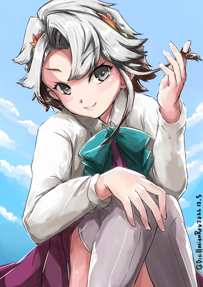 1girl akishimo_(kancolle) aqua_bow asymmetrical_hair bow bowtie brown_hair clouds cloudy_sky d-rev_g dated eyebrows_visible_through_hair flower gradient_hair grey_eyes grey_legwear hair_flower hair_ornament hair_twirling hand_in_hair hand_on_own_knee kantai_collection looking_at_viewer multicolored_hair one-hour_drawing_challenge purple_skirt school_uniform serafuku shirt short_hair short_hair_with_long_locks silver_hair sitting skirt sky smile thigh-highs twitter_username white_shirt