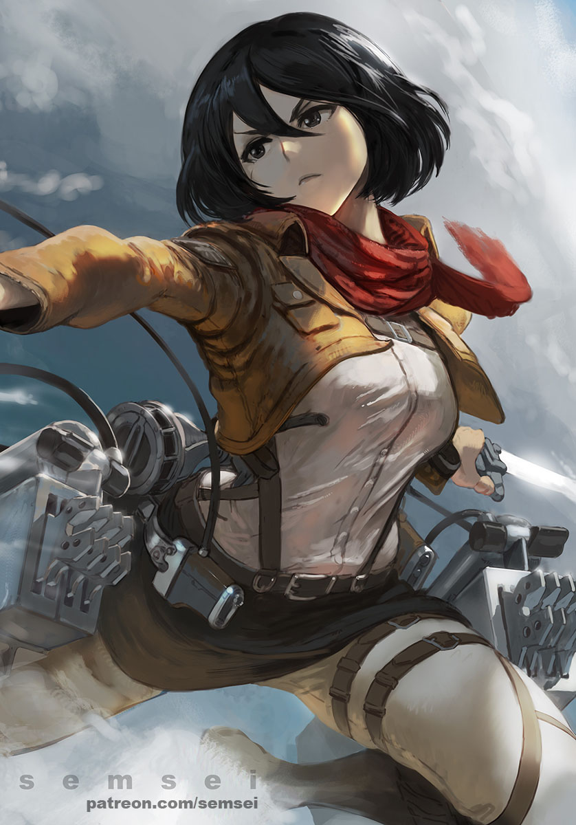 1girl artist_name bangs belt black_eyes black_hair bob_cut boots clouds commentary cropped_jacket david_semsei english_commentary fighting frown furrowed_eyebrows grey_pants hair_between_eyes highres holding holding_weapon jacket long_bangs looking_to_the_side mikasa_ackerman mixed-language_commentary pants paradis_military_uniform patreon_username red_neckwear red_scarf scar scar_on_cheek scar_on_face scarf shingeki_no_kyojin shirt short_hair sky solo sword thigh-highs thigh_boots thigh_strap three-dimensional_maneuver_gear watermark weapon web_address white_shirt