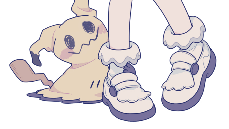 1boy allister_(pokemon) commentary_request creature gen_7_pokemon male_focus mimikyu pigeon-toed pokemon pokemon_(creature) pokemon_(game) pokemon_swsh shiroimoufu shoes simple_background standing white_background white_footwear