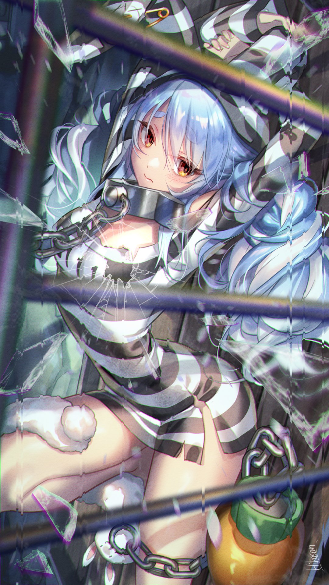 1girl animal_ears arms_up artist_name ball_and_chain_restraint bangs blue_hair blush braid breasts bunny-shaped_pupils chain closed_eyes cuffs don-chan_(usada_pekora) eyebrows_visible_through_hair glass_shards head_tilt highres hikosan hololive long_hair long_sleeves looking_at_viewer multicolored_hair orange_eyes oversized_clothes oversized_shirt prison_cell prison_clothes prisoner rabbit_ears rabbit_girl restrained shackles shirt short_eyebrows signature small_breasts solo standing striped striped_shirt thick_eyebrows thighs torn_clothes twin_braids two-tone_hair usada_pekora virtual_youtuber white_hair