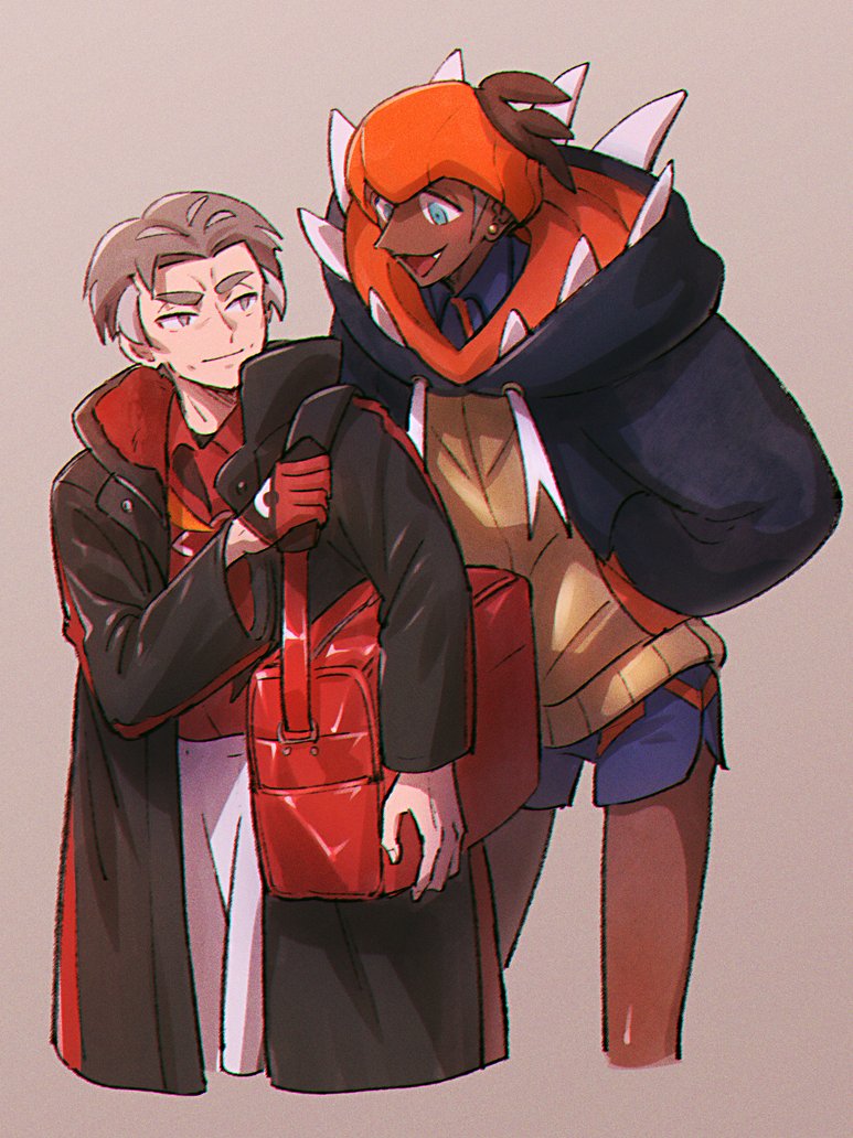 2boys :d bag black_hoodie brown_hair closed_mouth coat collared_shirt commentary_request dark_skin dark_skinned_male earrings fang gloves grey_hair gym_leader holding_strap hood hood_down hoodie jewelry kabu_(pokemon) long_sleeves male_focus multiple_boys nitaimoimo open_clothes open_coat open_mouth orange_headwear pokemon pokemon_(game) pokemon_swsh raihan_(pokemon) red_bag red_shirt shirt short_hair shorts side_slit side_slit_shorts single_glove smile tongue undercut white_shorts