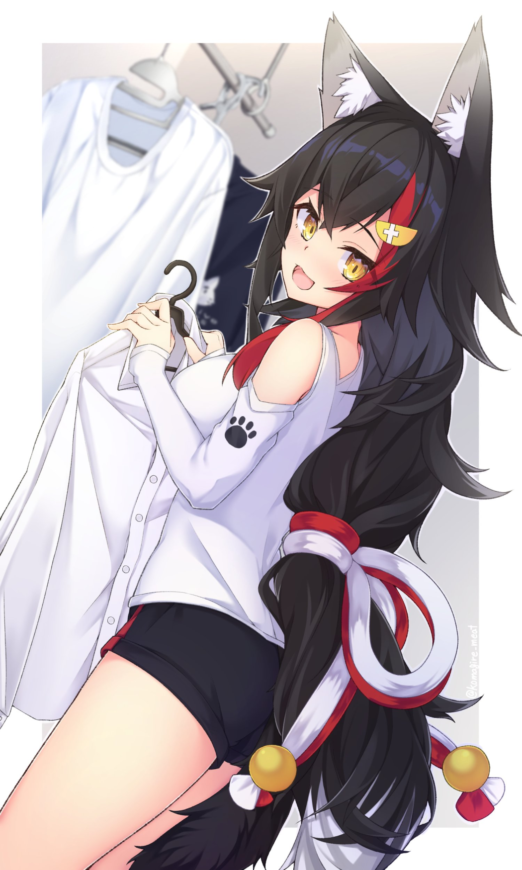 1girl animal_ear_fluff animal_ears black_hair black_shorts blush border breasts clothes_hanger commentary_request eyebrows_visible_through_hair hair_between_eyes hair_ornament hairclip highlights highres holding holding_clothes holding_shirt hololive long_hair looking_at_viewer looking_back medium_breasts multicolored_hair ookami_mio open_mouth otaku_heishi redhead shirt short_shorts shorts solo tail two-tone_hair very_long_hair virtual_youtuber white_shirt wolf_ears wolf_girl wolf_tail yellow_eyes