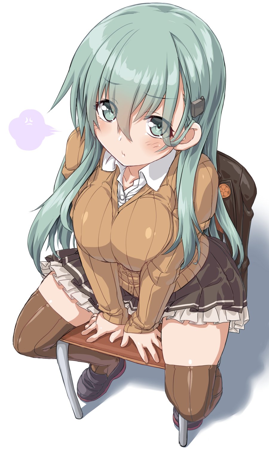 1girl :t aqua_eyes aqua_hair ascot between_legs black_footwear black_skirt blush breasts brown_legwear cardigan chair collared_shirt dd_(ijigendd) eyebrows_visible_through_hair from_above hair_ornament hairclip hand_between_legs highres jacket jacket_removed kantai_collection large_breasts long_hair long_sleeves looking_at_viewer looking_up remodel_(kantai_collection) school_uniform shirt simple_background sitting skirt solo suzuya_(kancolle) white_shirt