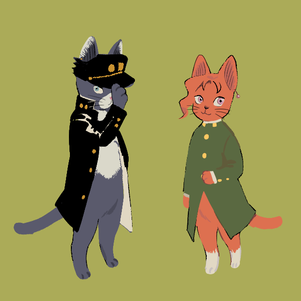 2boys :&lt; :3 adjusting_clothes adjusting_headwear animal_ear_fluff animal_ears animal_nose arm_at_side black_coat black_headwear blue_eyes body_fur buttons cat_boy cat_ears cat_tail closed_mouth coat earrings expressionless from_side full_body furrification furry gakuran green_background green_coat hand_on_headwear hand_up hat high_collar jewelry jojo_no_kimyou_na_bouken kakyoin_noriaki kujo_jotaro long_coat long_sleeves looking_at_viewer looking_to_the_side male_focus multiple_boys open_clothes open_coat paws peaked_cap school_uniform shiny shiny_clothes simple_background smile snout standing stardust_crusaders tail two-tone_fur violet_eyes wavy_hair whiskers zabu