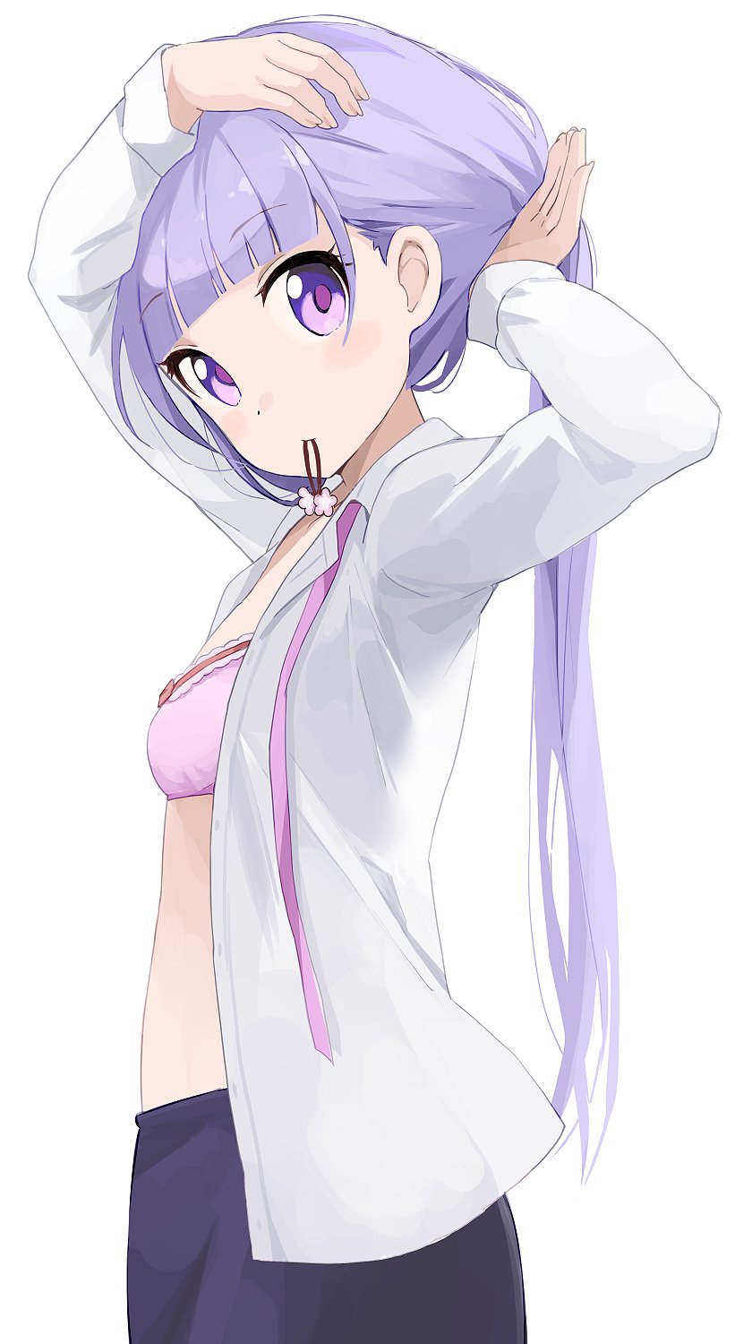 1girl adjusting_hair bangs blunt_bangs bra breasts commentary_request eyebrows_visible_through_hair highres hiroki_(yyqw7151) long_hair looking_at_viewer mouth_hold navel new_game! open_clothes open_shirt pink_bra purple_hair shirt simple_background small_breasts solo suzukaze_aoba underwear violet_eyes white_background white_shirt