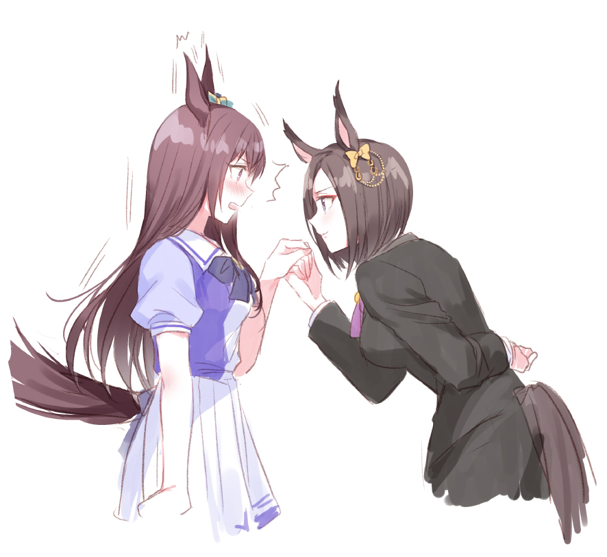 2girls ^^^ air_groove_(umamusume) animal_ears black_hair blush female_butler from_side horse_ears horse_tail long_hair mejiro_dober_(umamusume) multiple_girls profile romi_(346_ura) school_uniform short_hair simple_background tail tracen_school_uniform umamusume white_background yuri