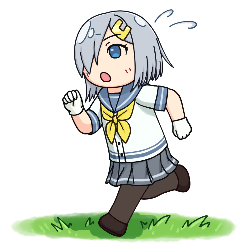 1girl black_legwear blue_eyes chibi commentary_request flying_sweatdrops gloves grass grey_sailor_collar grey_skirt hair_ornament hair_over_one_eye hairclip hamakaze_(kancolle) hamatsu! kantai_collection neckerchief no_nose pantyhose pleated_skirt sailor_collar school_uniform serafuku short_hair short_sleeves silver_hair simple_background skirt solo white_background white_gloves yellow_neckwear