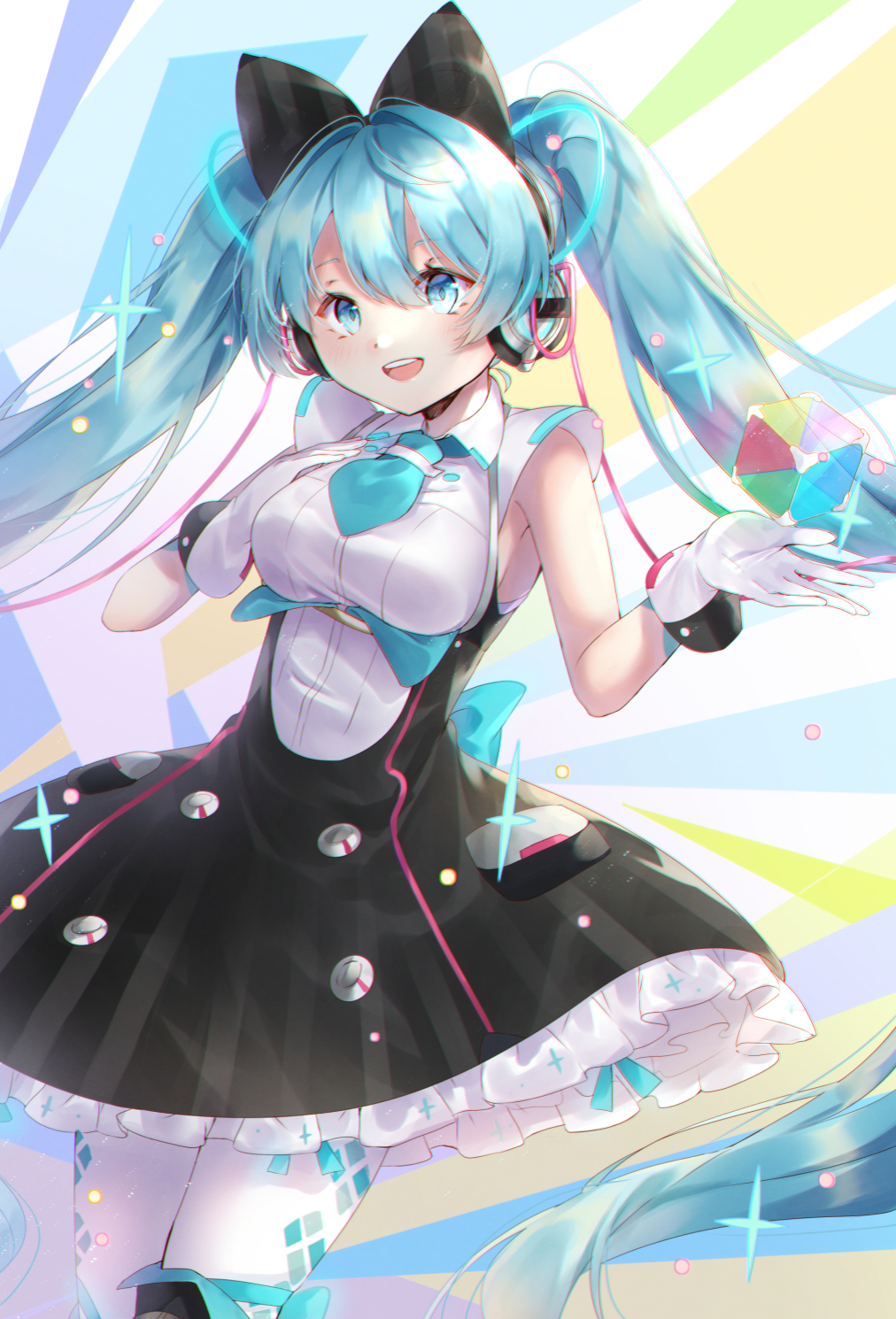 aqua_eyes aqua_hair aqua_neckwear black_bow black_dress bob_628 bow breasts cable chromatic_aberration commentary cowboy_shot cube dress frilled_skirt frills gloves hair_bow hand_on_own_chest hatsune_miku headphones highres hoop_skirt long_hair looking_at_viewer magical_mirai_(vocaloid) makuhari-chan medium_breasts necktie open_mouth shirt short_necktie skirt sleeveless sleeveless_shirt smile solo thigh-highs twintails very_long_hair vocaloid white_gloves white_legwear white_shirt