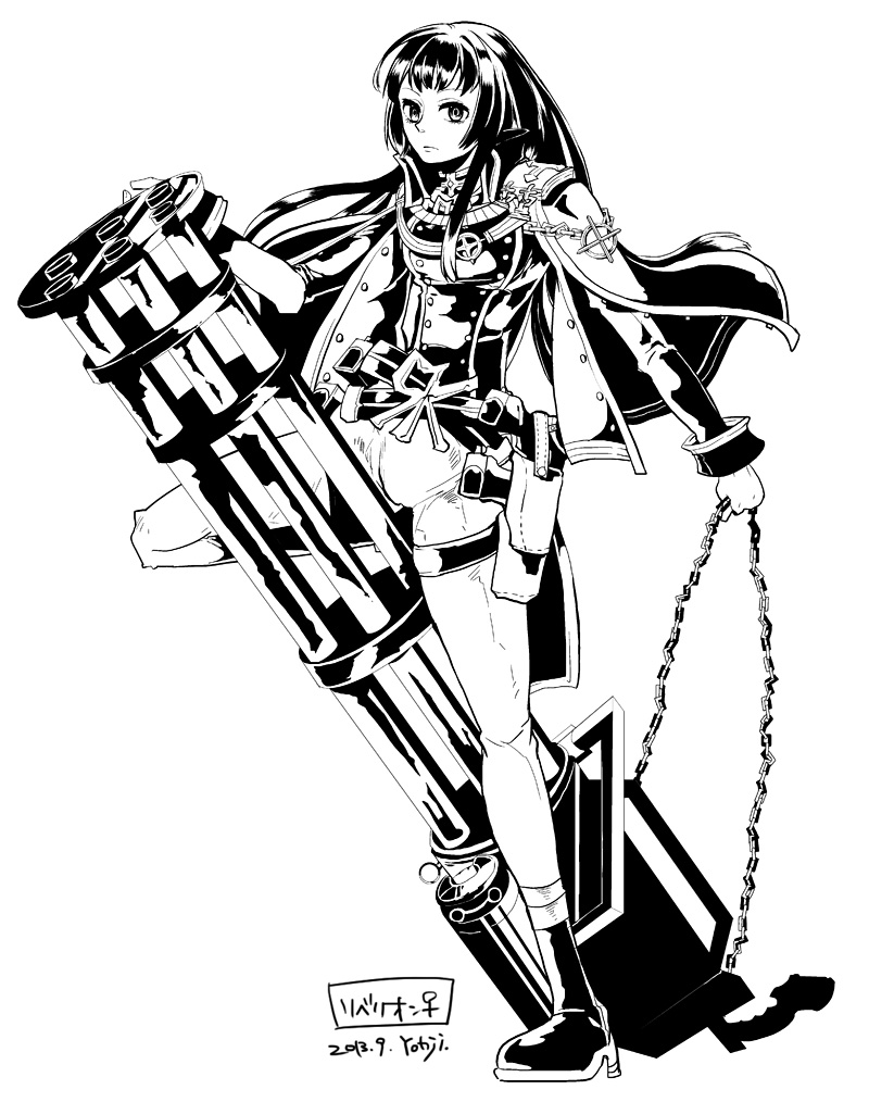1girl bangs belt buttons cape chain closed_mouth coat commentary_request dated double-breasted emblem full_body gatling_gun greyscale gun holding holding_gun holding_weapon leg_up long_hair long_sleeves looking_at_viewer minigun monochrome pants ragnarok_online rebellion_(ragnarok_online) reload9_yohji sidelocks signature simple_background solo weapon white_background