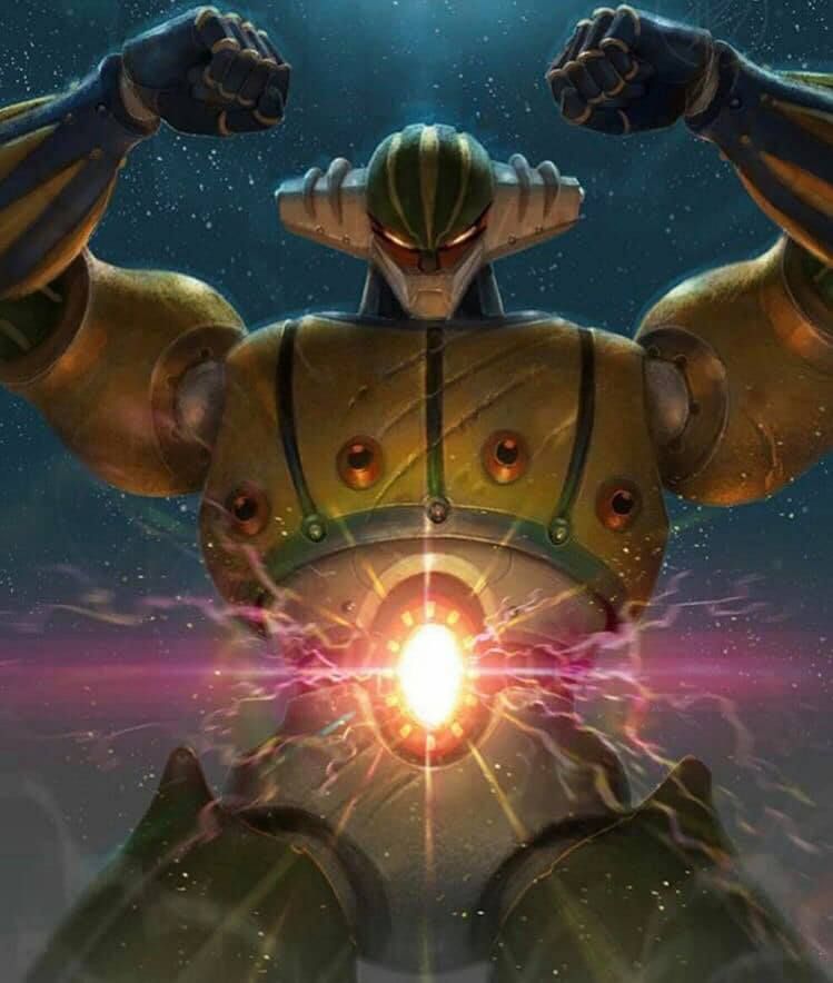 arms_up clenched_hands damaged debris electricity energy glowing glowing_eyes koutetsu_jeeg koutetsu_jeeg_(mecha) lens_flare lights looking_at_viewer mecha paolo_barbieri realistic science_fiction scratched solo sparks super_robot upper_body