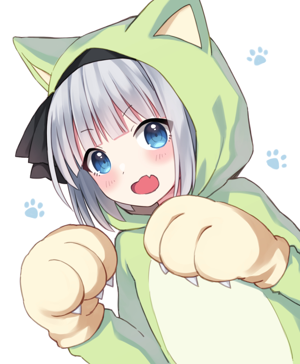 1girl alternate_costume animal_costume animal_ears bangs black_hairband black_ribbon blue_eyes blunt_bangs blush bob_cut claw_pose claws commentary_request dutch_angle eyebrows_visible_through_hair fake_animal_ears fang gao gloves green_suit hair_ribbon hairband hands_up highres konpaku_youmu looking_at_viewer open_mouth paw_background paw_gloves paws ribbon short_hair silver_hair simple_background skin_fang solo suzuno_naru touhou upper_body v-shaped_eyebrows white_background