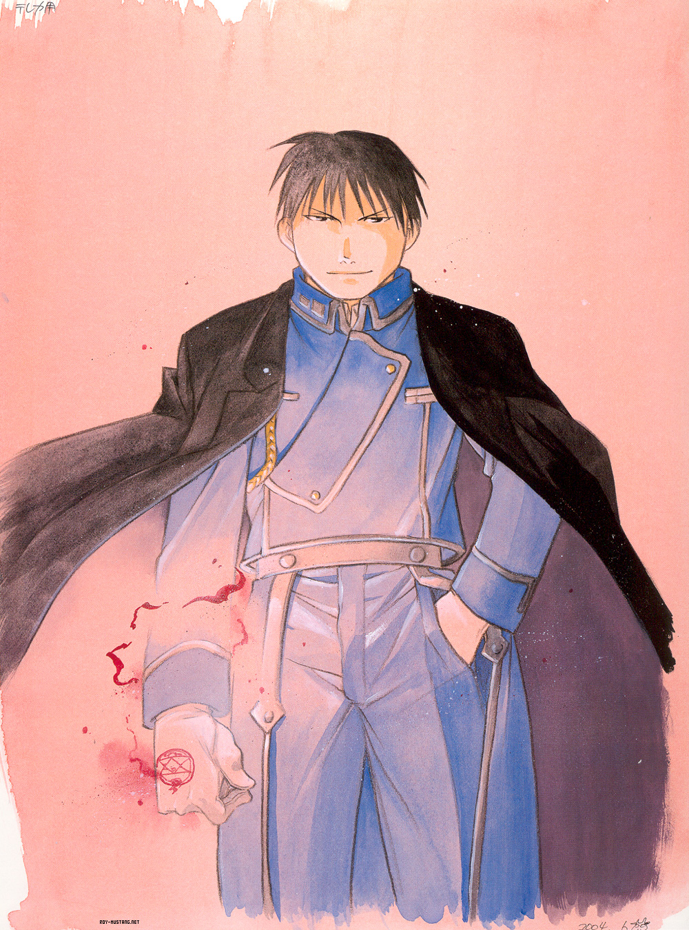 1boy aiguillette amestris_military_uniform arakawa_hiromu arm_at_side beige_background black_coat black_eyes black_hair blue_jacket blue_pants closed_mouth coat coat_on_shoulders collared_jacket cropped_legs electricity fullmetal_alchemist gloves hand_in_pocket highres jacket looking_at_viewer male_focus military military_uniform open_clothes open_coat pants roy_mustang shaded_face simple_background smile snapping_fingers spiky_hair tsurime uniform v-shaped_eyebrows white_gloves