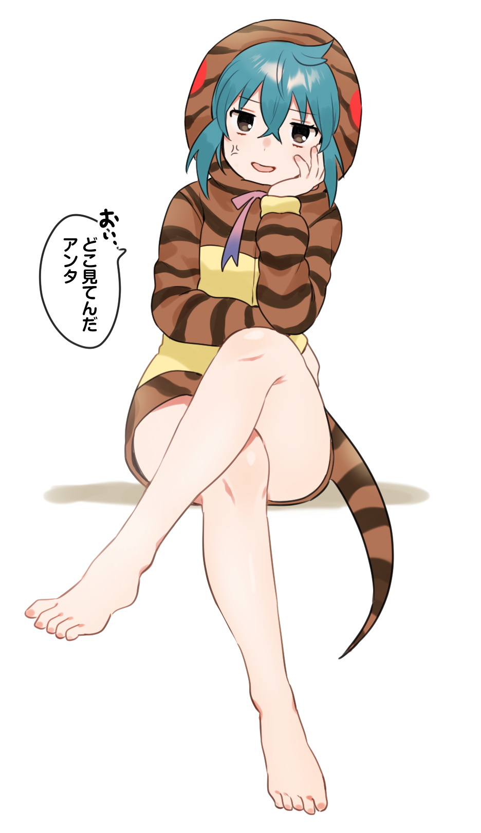 1girl anger_vein bare_legs barefoot blue_hair brown_eyes commentary_request crossed_legs eyebrows_visible_through_hair head_on_hand highres hood hoodie kemono_friends long_sleeves neck_ribbon print_hoodie purple_neckwear ribbon short_hair sitting snake_print snake_tail solo suicchonsuisui tail translation_request tsuchinoko_(kemono_friends)