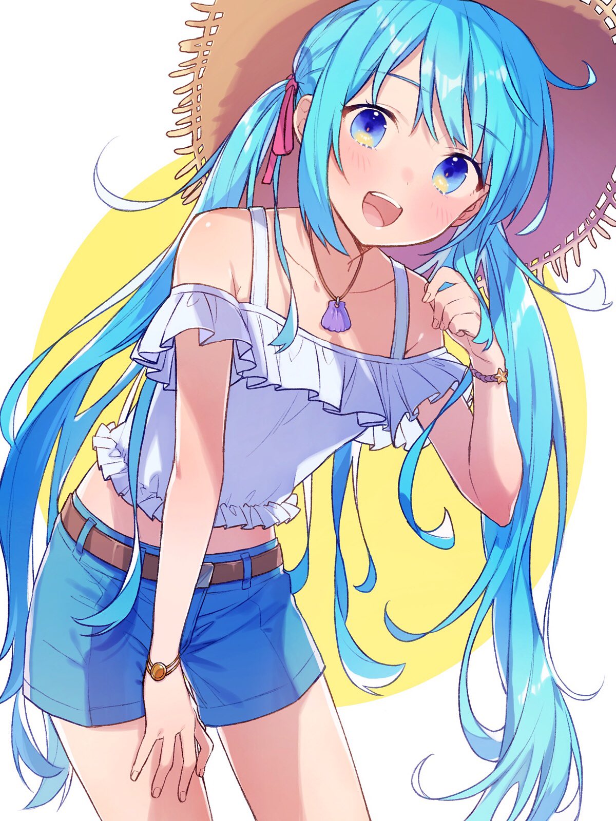 1girl ai_kusunoki aqua_eyes aqua_hair bare_shoulders belt bracelet commentary commission cowboy_shot denim denim_shorts frilled_shirt frills hair_tie hand_on_own_thigh hat hatsune_miku highres jewelry leaning_forward long_hair looking_at_viewer off-shoulder_shirt off_shoulder open_mouth shell_necklace shirt short_sleeves shorts skeb_commission smile solo star_bracelet straw_hat twintails very_long_hair vocaloid white_shirt