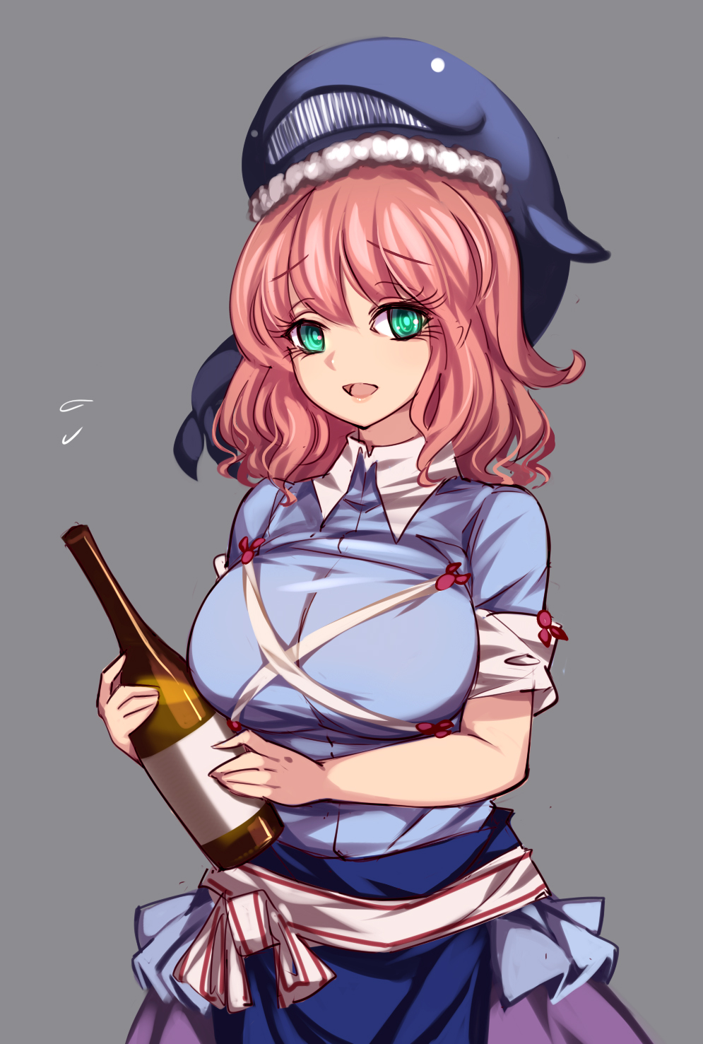 1girl apron bangs blue_apron blue_shirt bottle breasts cross-laced_clothes eyebrows_visible_through_hair green_eyes grey_background highres holding holding_bottle large_breasts looking_at_viewer okunoda_miyoi open_mouth pink_hair raptor7 shirt short_hair short_sleeves simple_background solo standing touhou waist_apron whale_hat