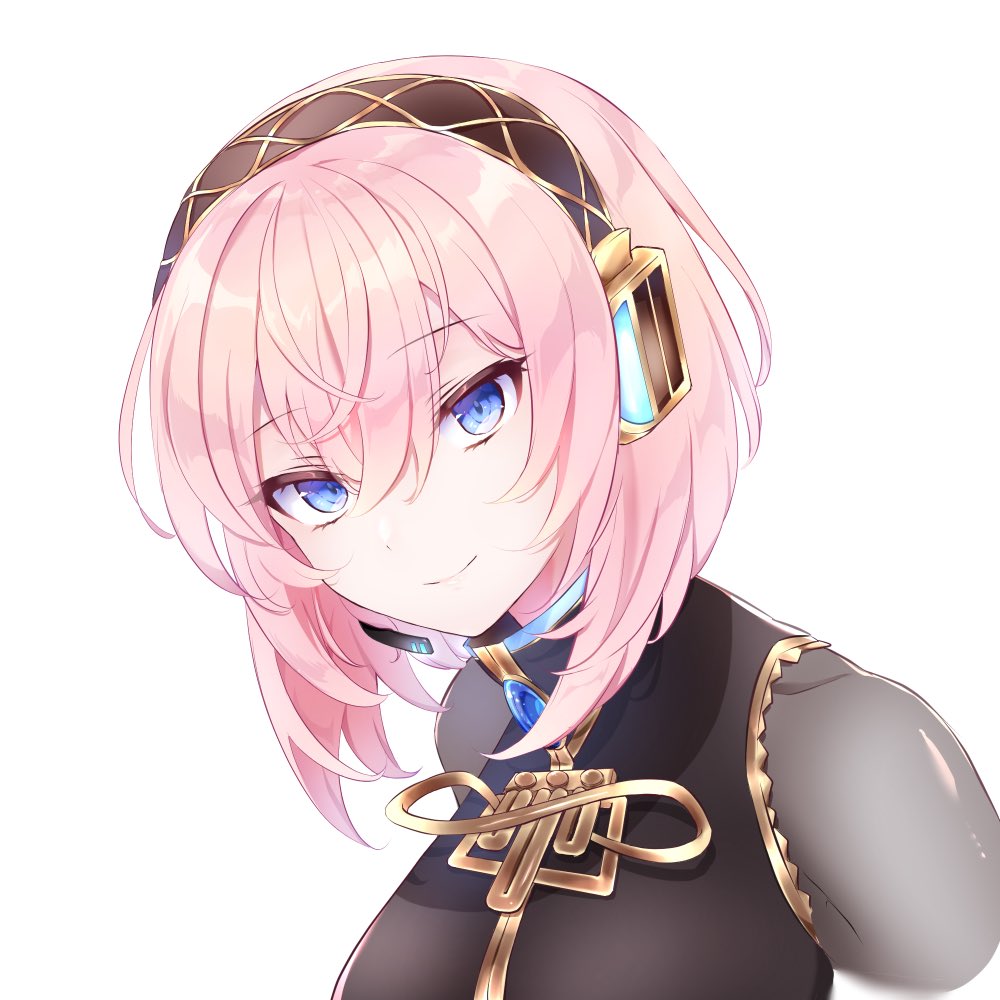 1girl alternate_hair_length alternate_hairstyle black_shirt blue_eyes brooch commentary gold_trim headphones jewelry kkr_rkgk light_smile looking_at_viewer megurine_luka pink_hair see-through_sleeves shirt short_hair solo upper_body vocaloid white_background