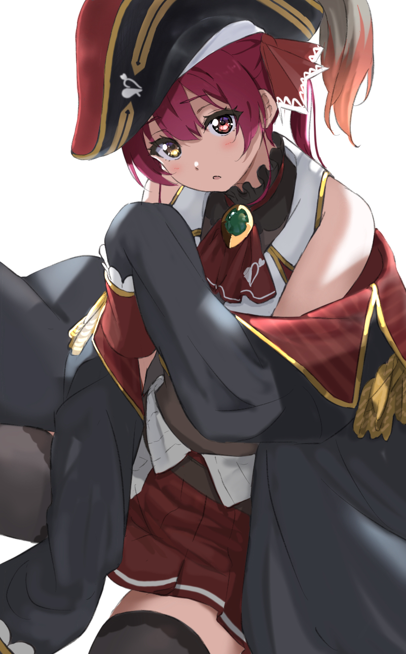 1girl :o black_legwear brooch coat hat heterochromia highres hololive houshou_marine icehotmilktea jewelry looking_at_viewer off_shoulder pirate_hat pleated_skirt red_eyes red_skirt redhead simple_background sitting skirt sleeves_past_fingers sleeves_past_wrists solo thigh-highs twintails virtual_youtuber white_background yellow_eyes