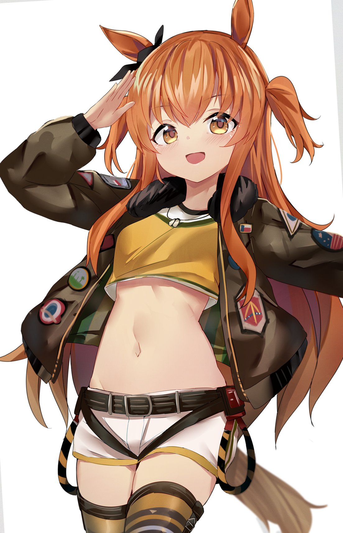 1girl :d animal_ears arm_up belt breasts brown_jacket cowboy_shot crop_top crop_top_overhang dog_tags hair_ribbon highres horse_ears horse_girl horse_tail jacket kure_(kure_ng) long_hair looking_at_viewer mayano_top_gun_(umamusume) midriff navel open_clothes open_jacket open_mouth orange_eyes orange_hair orange_legwear outstretched_arm ribbon shirt short_shorts shorts simple_background small_breasts smile solo standing stomach tail thigh-highs thighs twintails two_side_up umamusume white_background white_shorts yellow_shirt